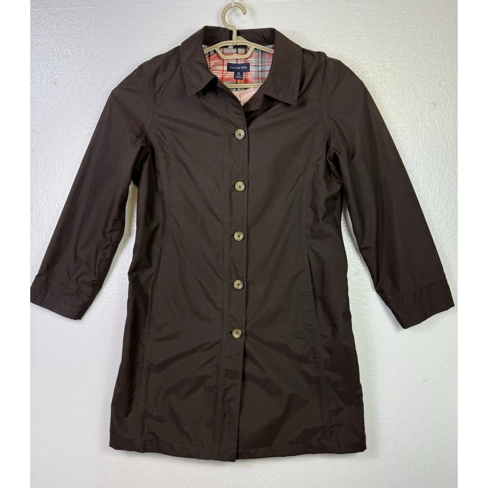 Lands End Trench Coat Womens M 10/12 Black Lined Rain Dress Jacket Career